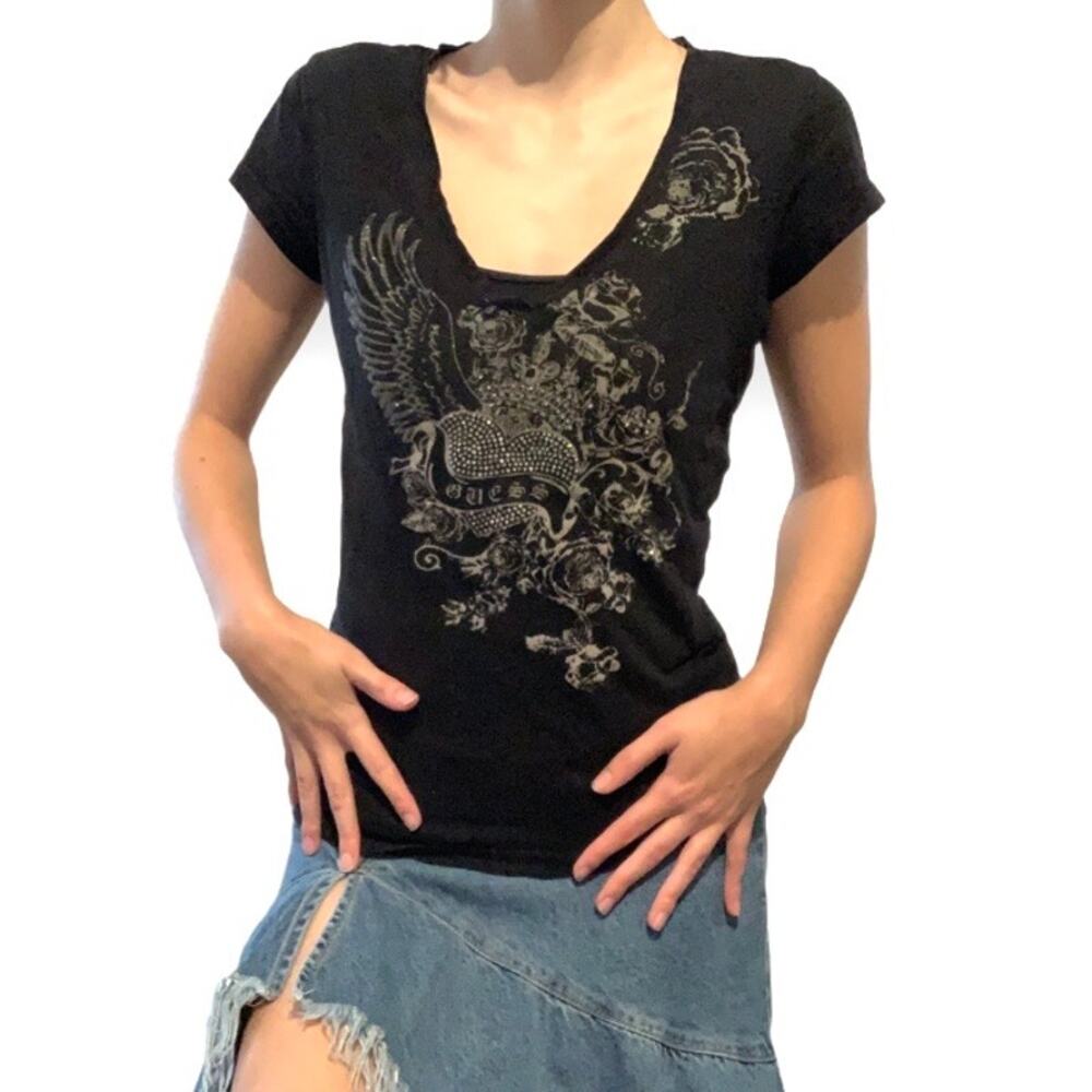 Y2K Guess Winged Rhinestone Heart Graphic Tee Medium Grunge